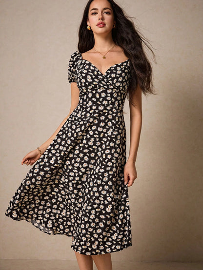 PoéSelle Allover Floral Print Sweetheart Neck Puff Sleeve Dress