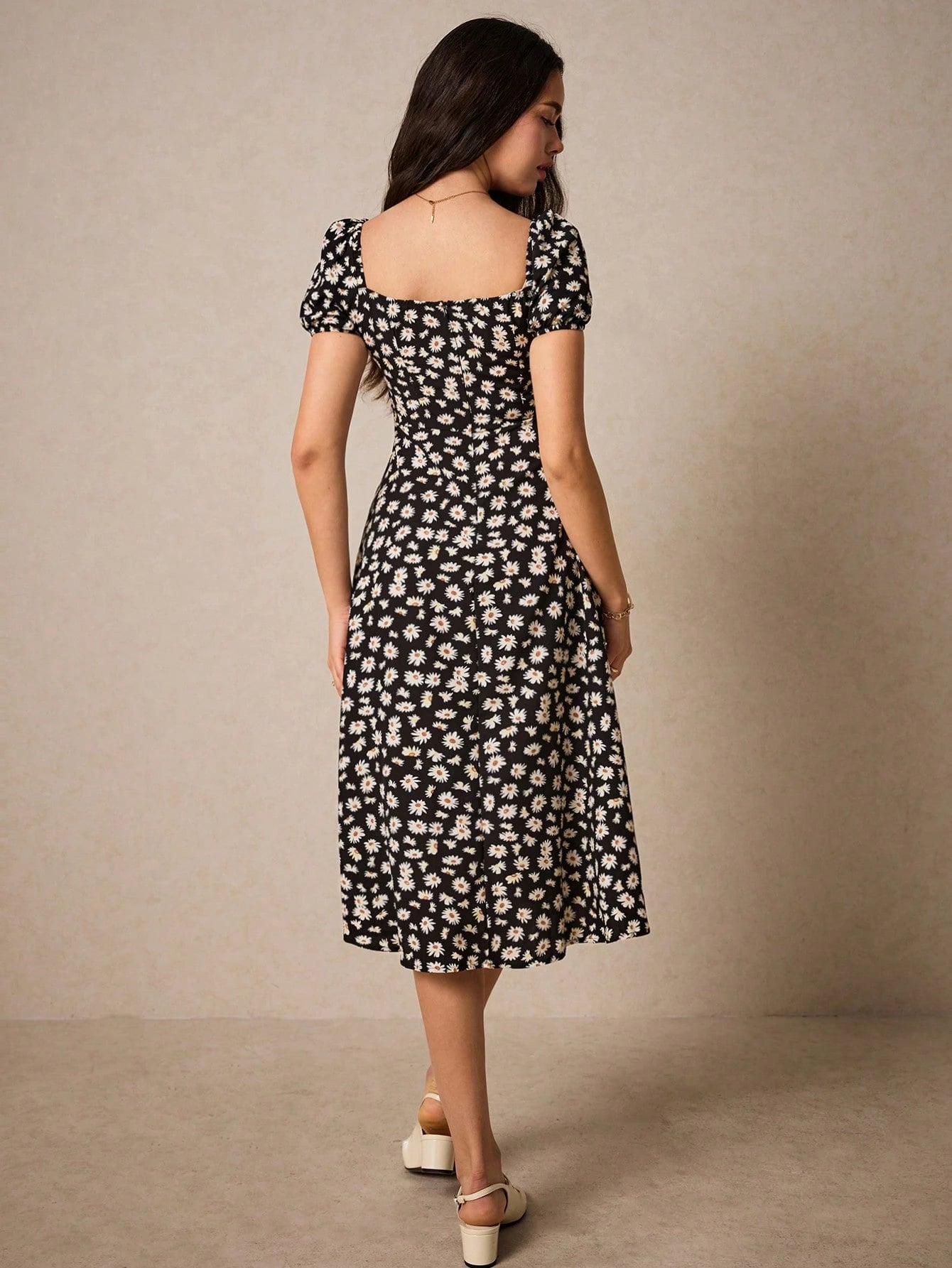 PoéSelle Allover Floral Print Sweetheart Neck Puff Sleeve Dress