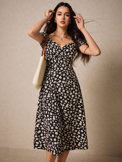 PoéSelle Allover Floral Print Sweetheart Neck Puff Sleeve Dress