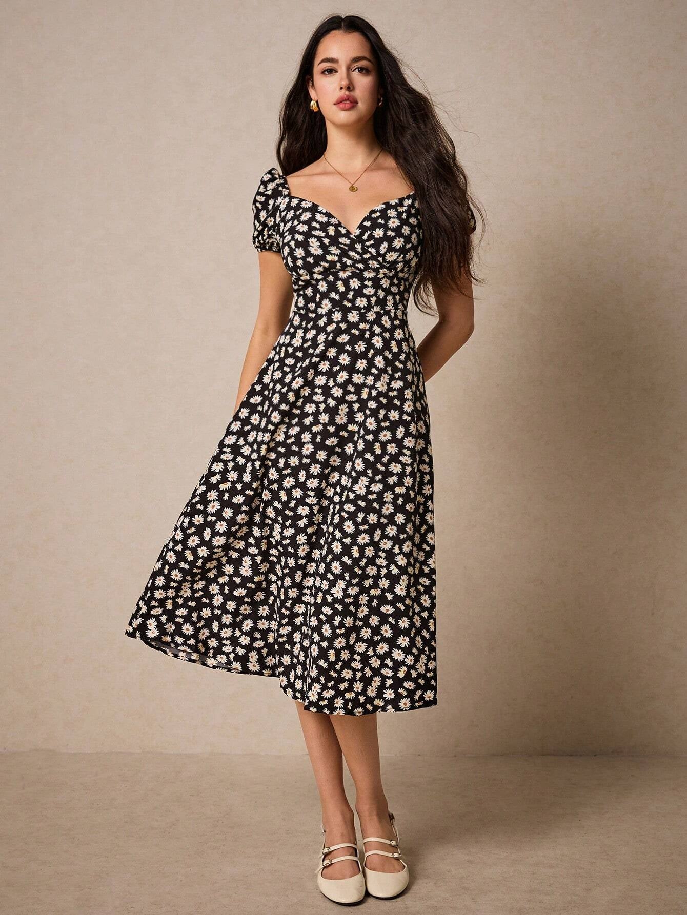 PoéSelle Allover Floral Print Sweetheart Neck Puff Sleeve Dress