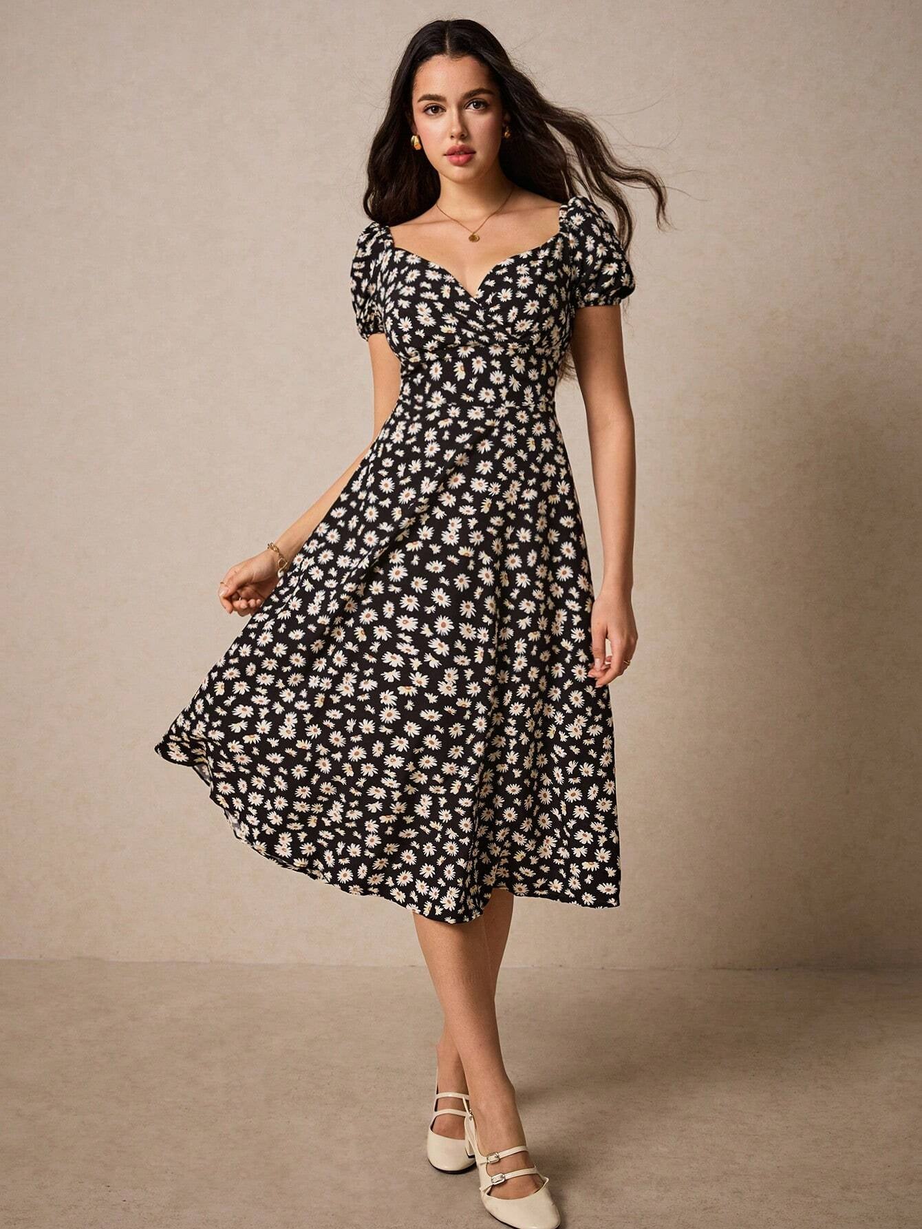 PoéSelle Allover Floral Print Sweetheart Neck Puff Sleeve Dress